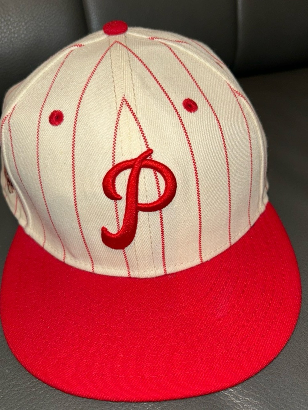 New Era Cream and Red Pinstripe Baseball Cap with Embroidered 'P'